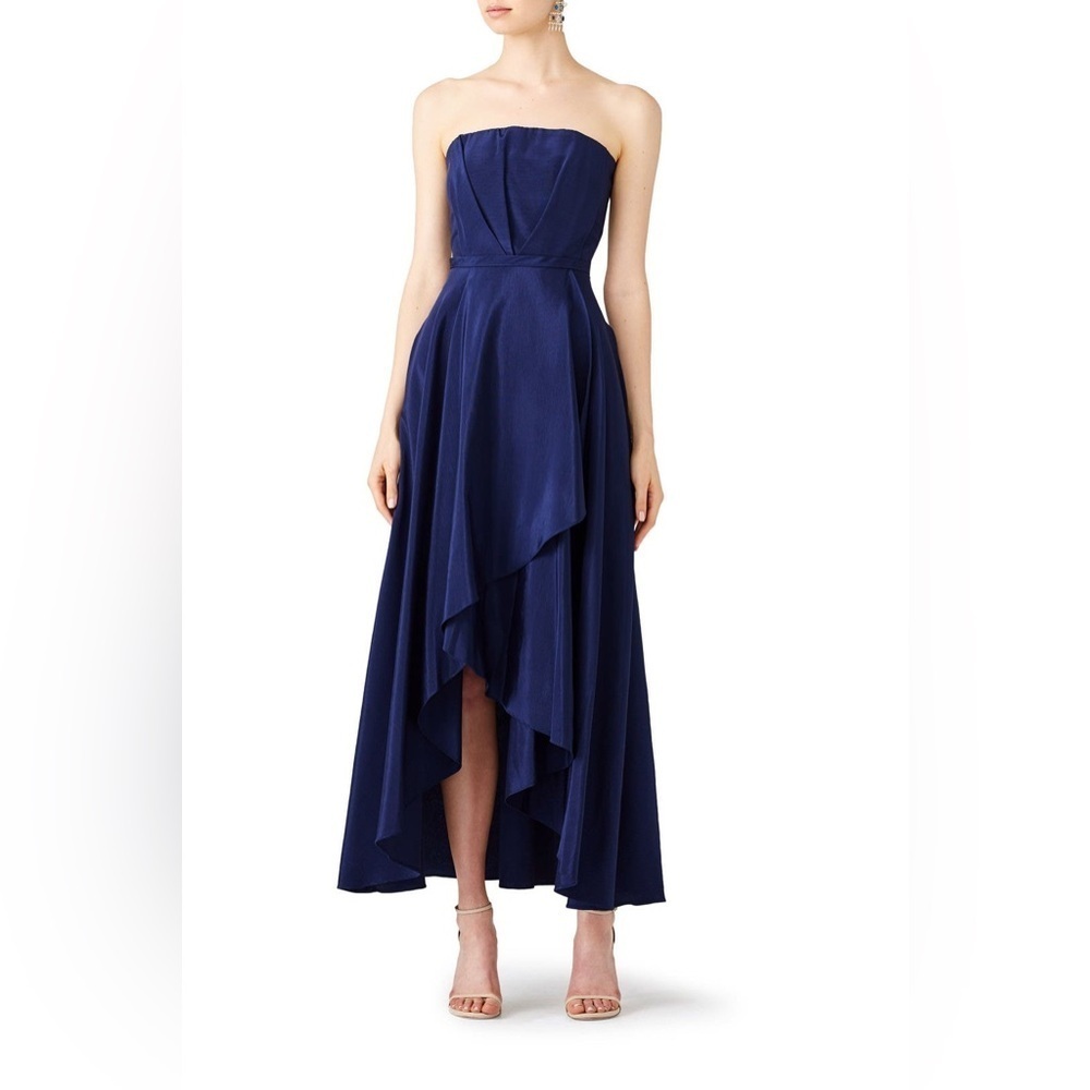 Hunter Bell Navy Bailey Gown Strapless Ruffle Evening Wedding Party Women’s 8